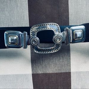 Chico’s Black Adjustable Belt with Silver and Gold Tone Buckle Size M/L